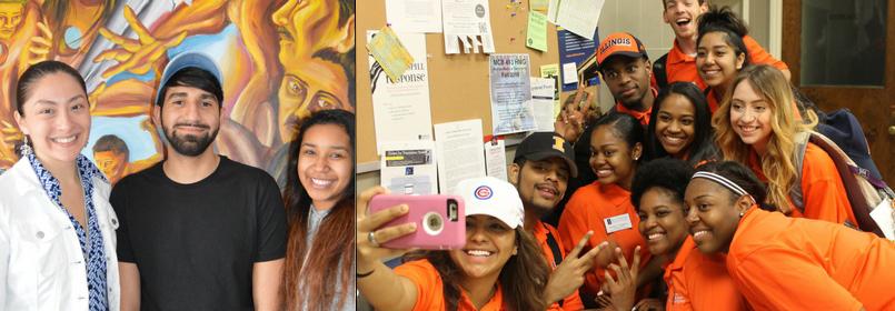 Two pictures in a collage- the first picture on the left is a man and woman smiling and the second picture on the right is a large group of people posing for a selfie