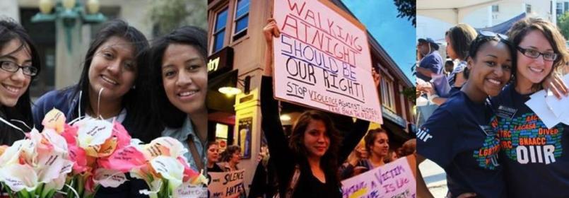 Banner; a collage of three images of women marching and smiling for the camera.